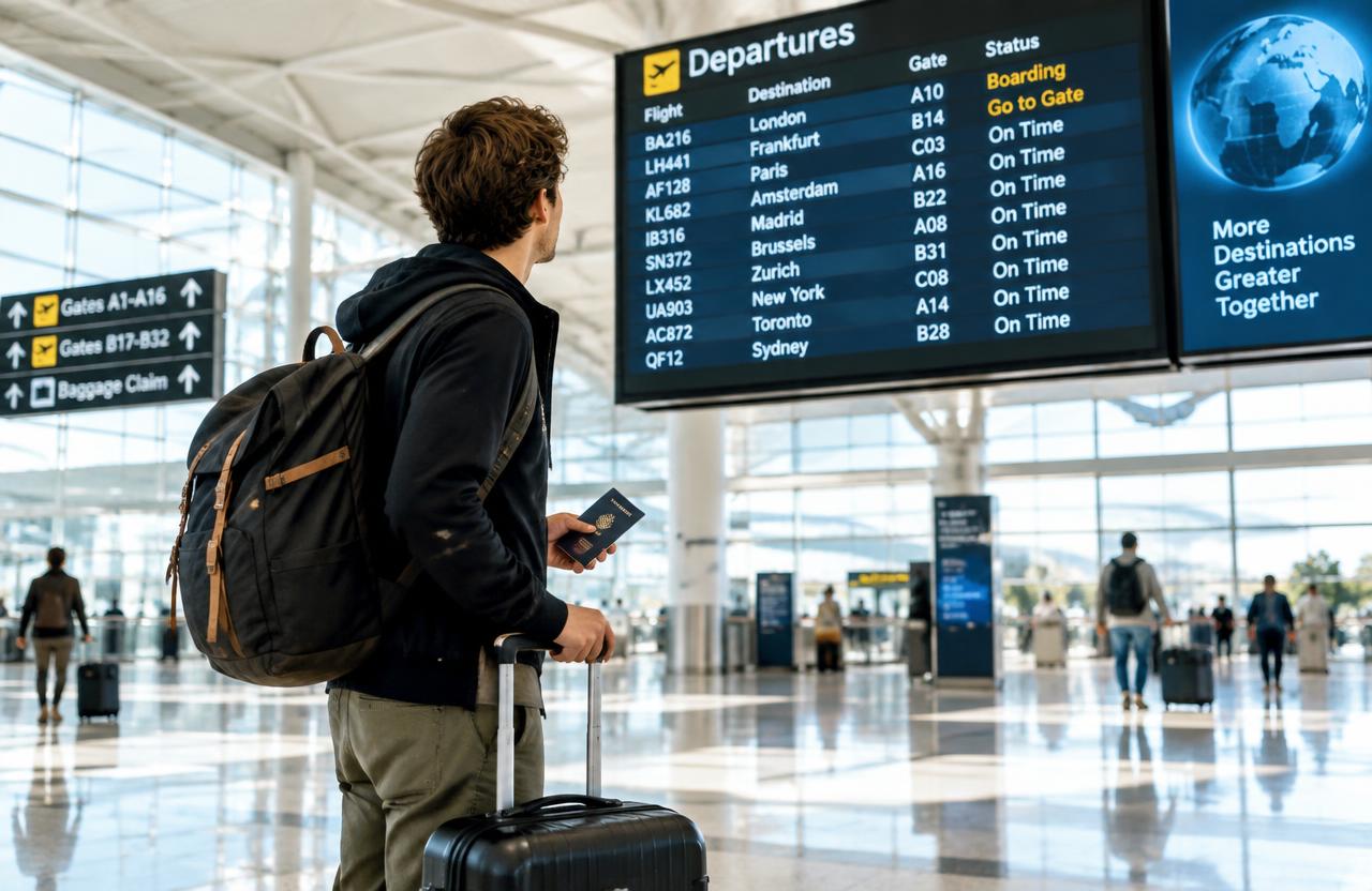 A student checking the departures board at an airport