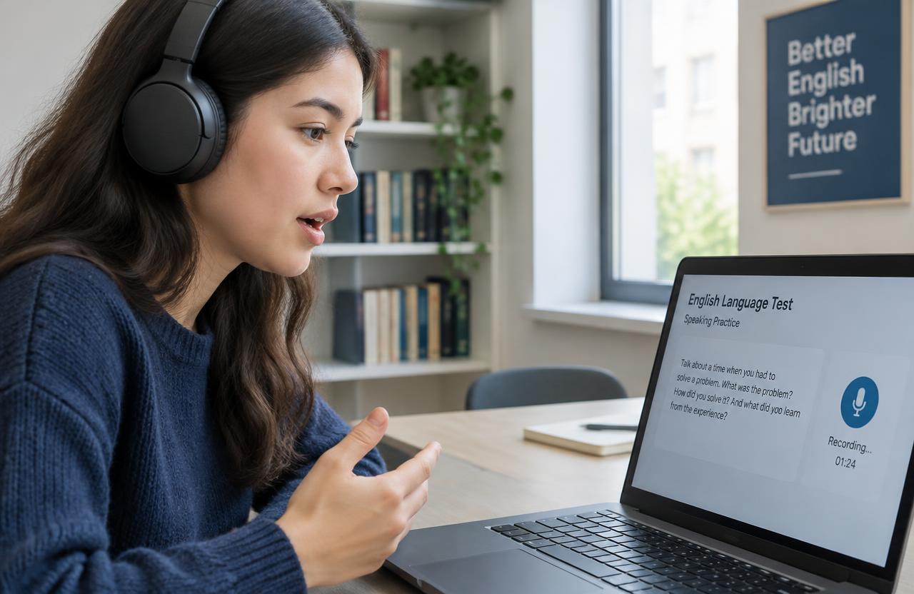 A student practising for a language speaking test