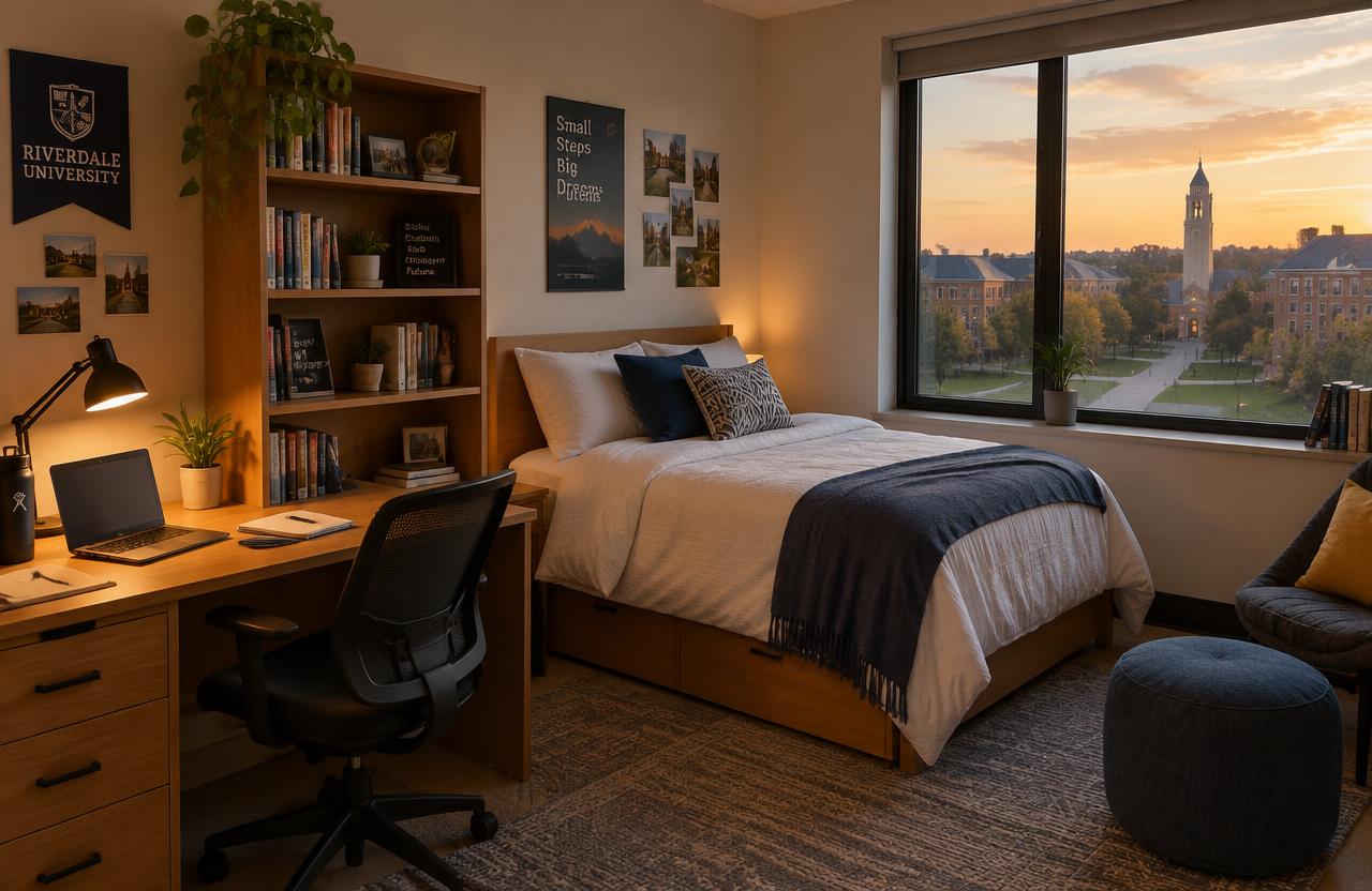 A modern student residence room overlooking campus